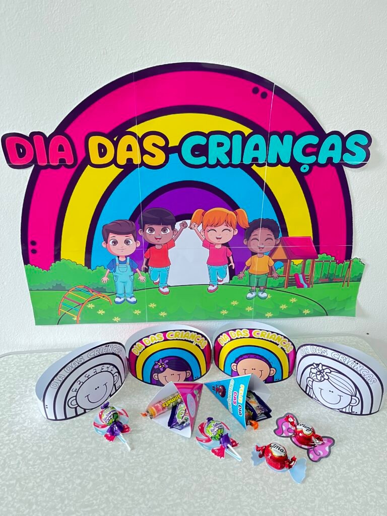 Kit Painel Dia das Crianças Arco-Íris + Lembrancinhas